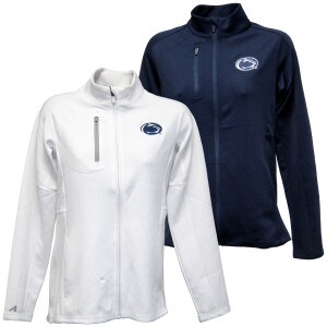 women's navy and white full zip jackets with stitched Penn State Athletic Logo on left chest